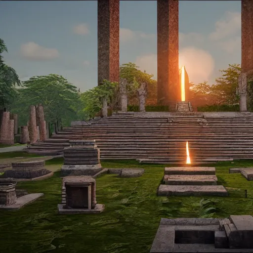 Image similar to an archviz render of a Aztec Temple, torches lit, unreal engine, vray, volumetric lighting, ray tracing, real time ray tracing