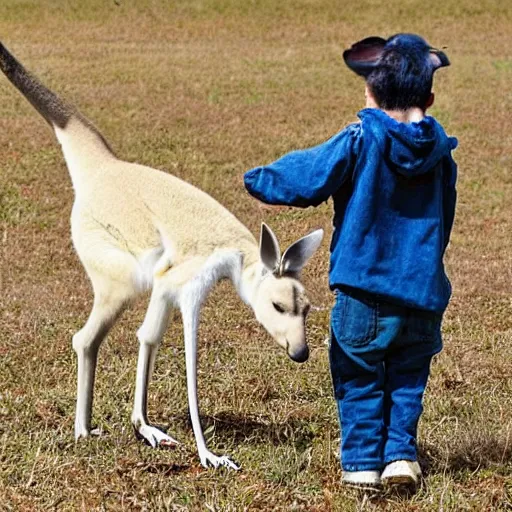 Image similar to a kangaroo and a very cute white rural dog photograph, high quality, award winning