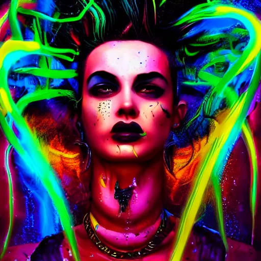 Image similar to splashes of neon magic, mowhawk, punk women portrait made out of paint, trending on artstation, epic composition, emotional, beautiful, rendered in octane, highly detailed, realistic, tim burton comic book art, sharp focus, unreal engine