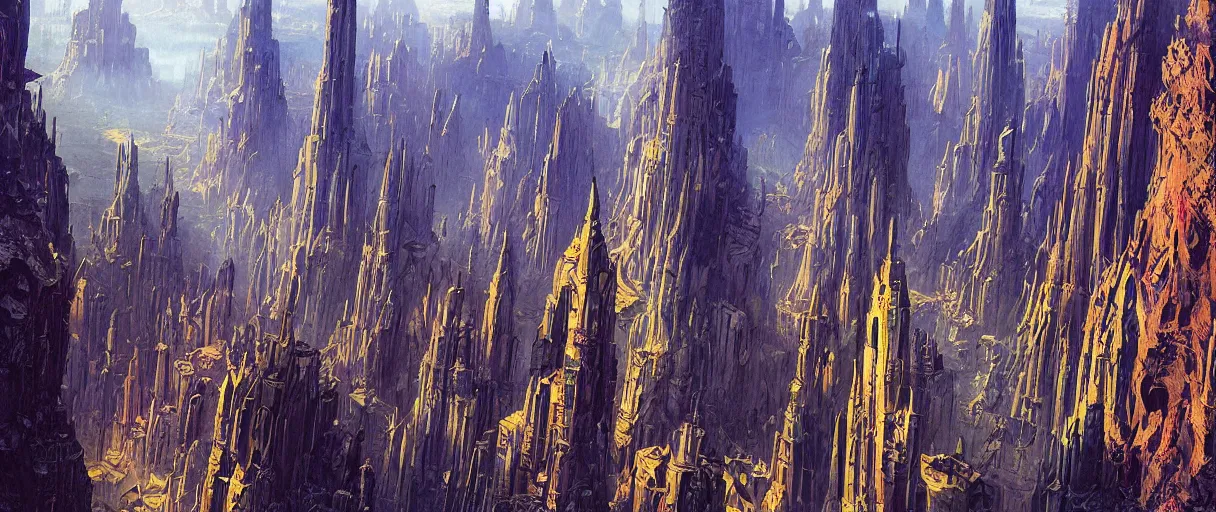 Prompt: A beautiful illustration of a retro futuristic city of towers and bridges built across a massive bottomless canyon on an alien world by Robert McCall and Ralph McQuarrier | sparth:.2 | Time white:.2 | Rodney Matthews:.2 | Graphic Novel, Visual Novel, Colored Pencil, Comic Book:.1 | unreal engine:.3 | first person perspective | viewed from below | establishing shot:.7