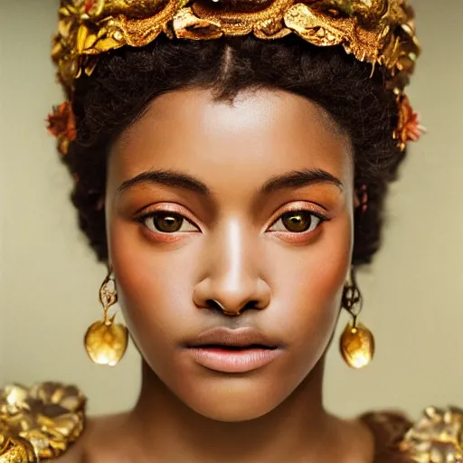 Prompt: kodak portra 4 0 0, 8 k, artstation, soft light, volumetric lighting, highly detailed, britt marling style 3 / 4 extreme close - up portrait photography of a beautiful woman pre - raphaelite, inspired by thandiwe muriu, royal woman wearing ornate art nouveau orchid headdress, realistic, refined, highly detailed