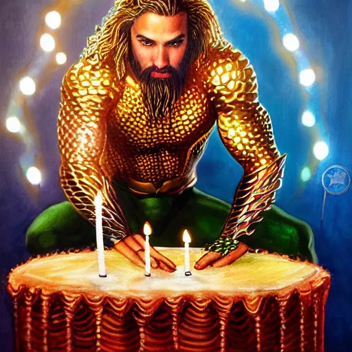 Image similar to intricate five star portrait of aquaman blowing the candle at his birthday, oil on canvas, hdr, high detail, photo realistic, hyperrealism, matte finish, high contrast, 3 d depth, centered, masterpiece, grainy, muted colors, enhanced light effect, enhanced eye detail, artstationhd