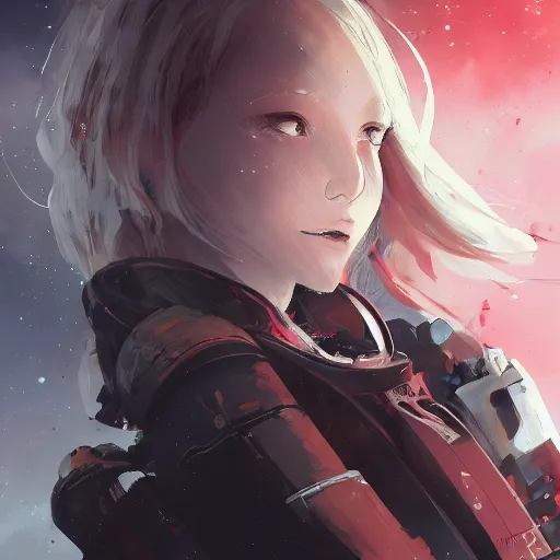 Prompt: highly detailed portrait of a hopeful young astronaut lady with a wavy blonde hair, by Dustin Nguyen, Akihiko Yoshida, Greg Tocchini, Greg Rutkowski, Cliff Chiang, 4k resolution, nier:automata inspired, bravely default inspired, vibrant but dreary red, black and white color scheme!!! ((Space nebula background))