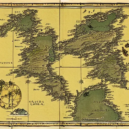 Prompt: an illustrated fantasy map. map of a continent. illustrated points of interest.