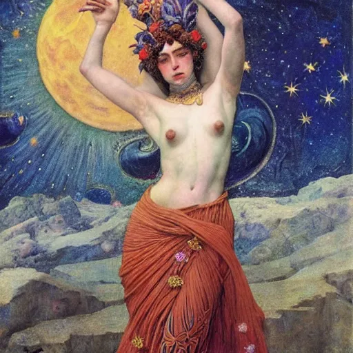 Image similar to queen of the moon with stars in her hair, by annie swynnerton and tino rodriguez and nicholas roerich and lucien freud and jean delville and donato giancola, dramatic lighting, floral tattoos, rich colors, smooth sharp focus, extremely detailed, adolf wolfli