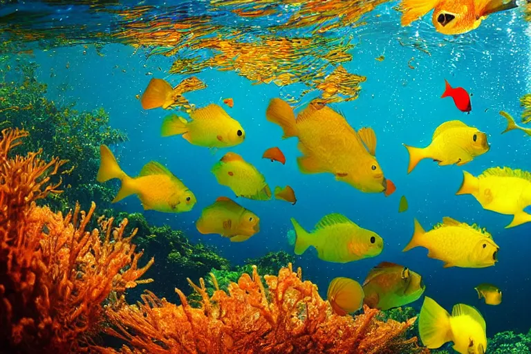 Image similar to ultra realistic underwater photography, panoramic picture of a river with ( subject : one very big exotic brightly coloured fish ). lots of bubbles. wavy, scattered light entering from the water surface, artstation, focus on the fish, extremely hyperrealistic crisply sharp fish, 8 k