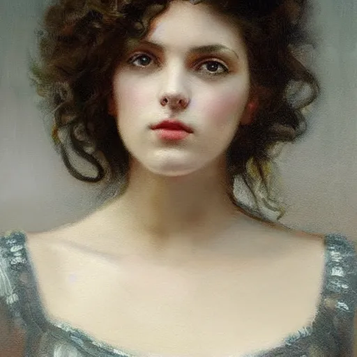 Prompt: a oil painting of a fair skin with dark curly stylised hair queen wearing dress, by frederick william elwell, highly detailed, realistic, concept art, jewels, oriental, desaturated