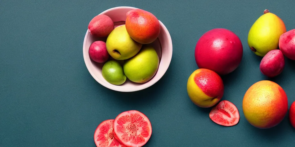 Prompt: bowl of fruit, octane render, highly detailed, 3 point lighting, vibrant, gradient background, marble bowl