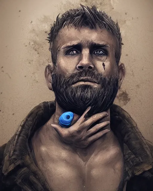 Image similar to portrait of muscular, tired and alcoholic 3 0 - year - old grieving man with short darkblonde hair, serious sad look in his eyes, looking down, dirty beard, blue eyes, crying tears, wearing dirty soldier uniform, on the desert, sad atmosphere, hyper realistic face, character art, art by artgerm, cryengine, trending on artstation, digital art