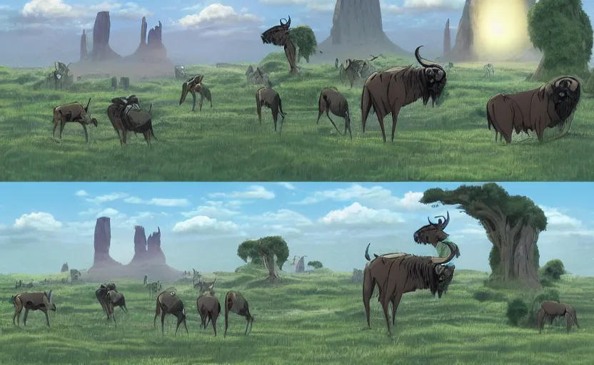 Prompt: a realistic cell - shaded studio ghibli concept art from paprika ( 2 0 0 6 ) of a pack of wildebeest and a multi - colored cube from close encounters of the third kind ( 1 9 7 7 ) in a flooded monument valley stonehenge jungle with giant trees on a misty starry night. very dull colors, portal, hd, 4 k, hq