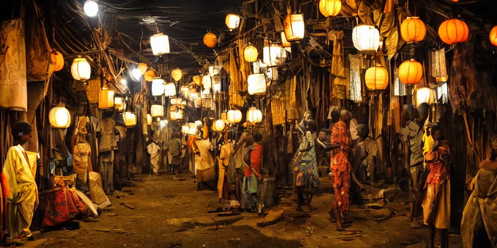 Prompt: african - japanese slum at night. savannah. there are glowing lanterns. street view