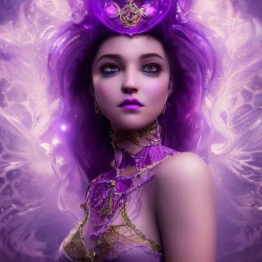 Image similar to ! dream portrait princess of amethyst, glowing, ornate and intricate purple jewelry, jaw dropping beauty, glowing background lighting, purple accent lighting, hyper detailed, fairy tale, 4 k octane render