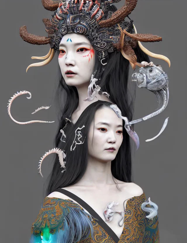 Image similar to 3 d slvic goddess half - turn portrait with long hair with ram skull. beautiful intricately detailed japanese crow kitsune mask and clasical japanese kimono. betta fish, jellyfish phoenix, bio luminescent, plasma, ice, water, wind, creature, artwork by tooth wu and wlop and beeple and greg rutkowski