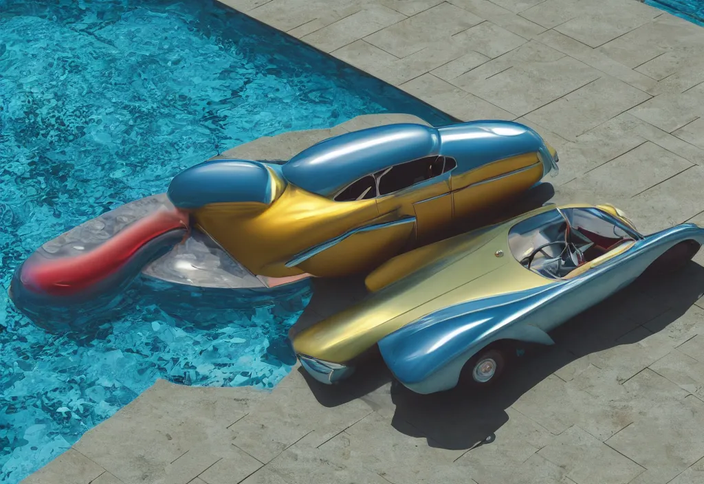 Image similar to art installation of a 50s sport car floating on a pool of bright water. (((complementary colors. national geographic. 8k, rendered in octane, smooth gradients. soft natural volumetric cinematic light. subsurface scattering. sculpture by antonio canova.)))