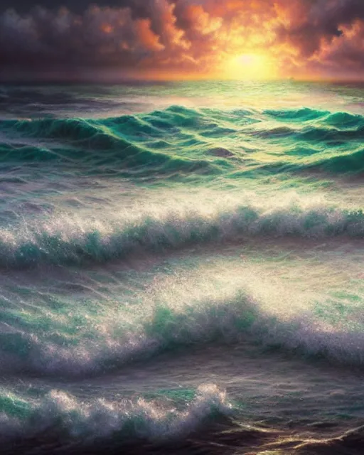 Image similar to sea with very big waves crashing to shore, sunset, hyper realistic, artstation, illustration, nicoletta ceccoli, mark ryden, lostfish, dan decarlo, bob clampett, max fleischer, digital paint, matte paint, vivid colors, detailed and intricate environment