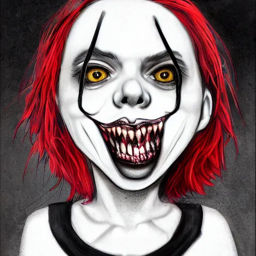 Image similar to surrealism grunge cartoon portrait sketch of billie eilish the slender man with a wide smile and a red balloon by - michael karcz, loony toons style, pennywise style, horror theme, detailed, elegant, intricate