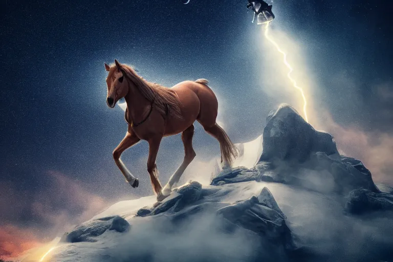 Image similar to a horse on top and an astronaut on bottom, 4 k, ultra details, cinematic, epic style, beautiful photo, hyper realistic, octane render, unreal engine, award winning, on artstation, volumetric lightning, masterpiece, golden hour,