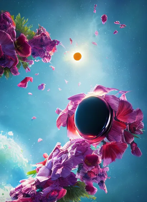 Image similar to An epic fantastic realism comic book style painting of the most beautiful flowers launched into space, bouquets, solar eclipse, fisheye, unreal 5, DAZ, hyperrealistic, octane render, dynamic lighting