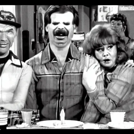 Image similar to screenshot of the crying family with the mallard in Al's diner from 70s comedy TV show unhappy days