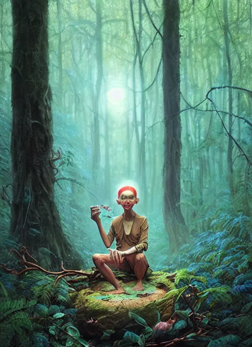 Image similar to hyper realistic magic alien in the woods in a river gorgeous lighting, lush forest foliage blue sky a hyper realistic painting by chiara bautista and beksinski and norman rockwell and greg rutkowski, tom bagshaw weta studio, and lucasfilm