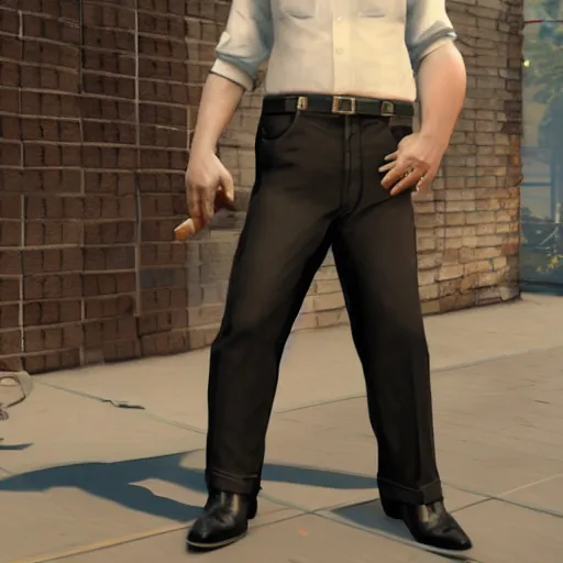 Image similar to a midage italian male, no beard, short black hair with gel, sharp teeth, overweight, fine white shirt, leather belt, black pants, leather shoes, smoking a cigar, full body, gta v style, concept art, highly detailed, hyper realistic, unreal engine