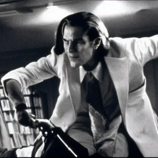 Image similar to film still, Ayn Rand riding John Galt in American Psycho