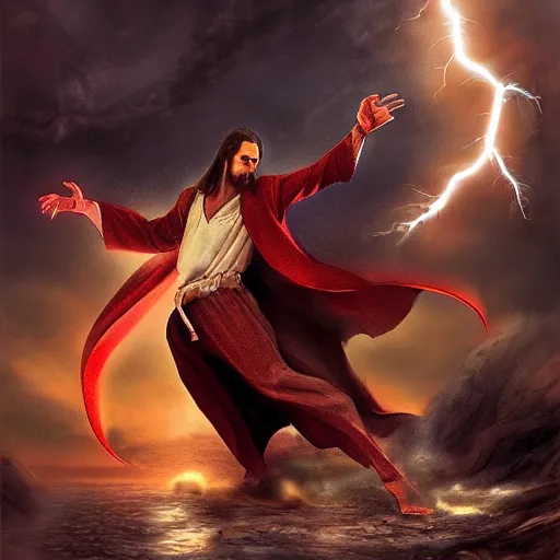 Image similar to dracula fighting jesus, digital art, highly detailed, epic composition, cinematic lightning