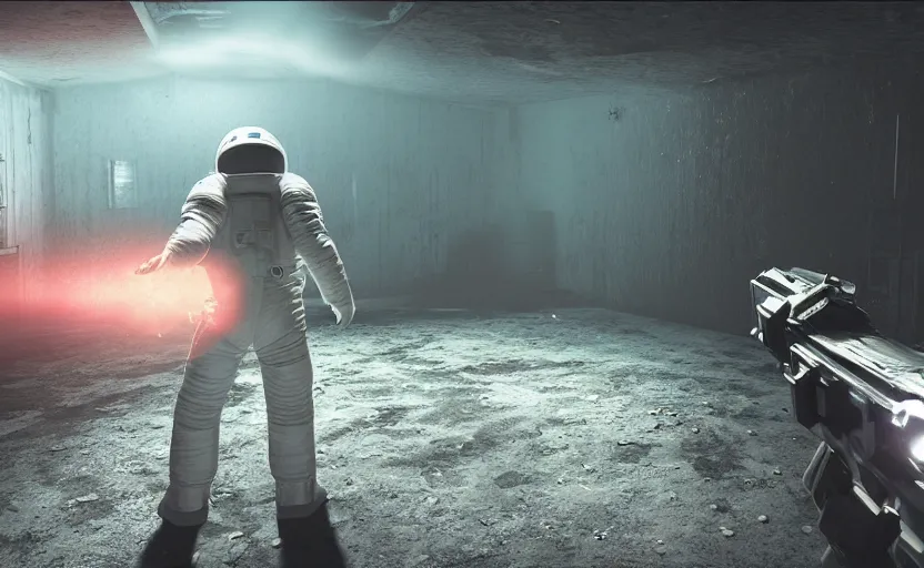 Image similar to in - game screenshot, horror game, astronaut, cosmic horror, inside spaceship, unreal engine 5, ultra, third person