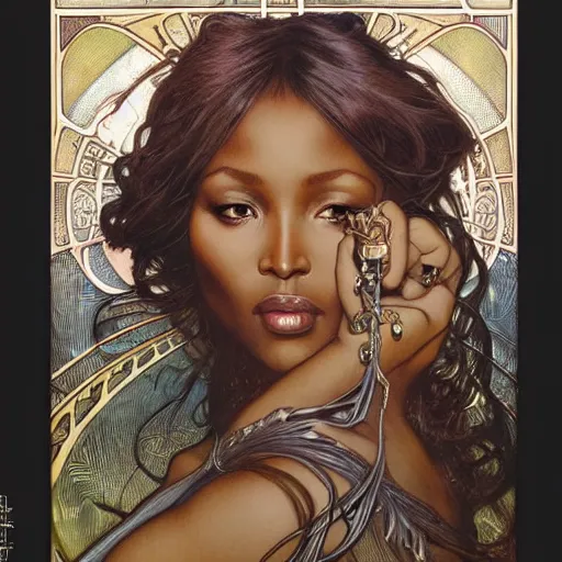 Prompt: realistic detailed face portrait of Naomi Campbell by Alphonse Mucha, Ayami Kojima, Amano, Charlie Bowater, Karol Bak, Greg Hildebrandt, Jean Delville, and Mark Brooks, Art Nouveau, Naomi Campbell, Neo-Gothic, gothic, rich deep moody colors