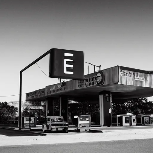 Prompt: a fuel station in the style of a 1 9 2 0 s sci - fi poster, reuben wu, roger deakins, h 1 0 2 4