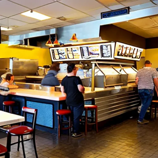 Prompt: busy wafflehouse interior with customers eating breakfast and wafflehouse employees serving food and cooking behind countertop bar that has customers sitting at