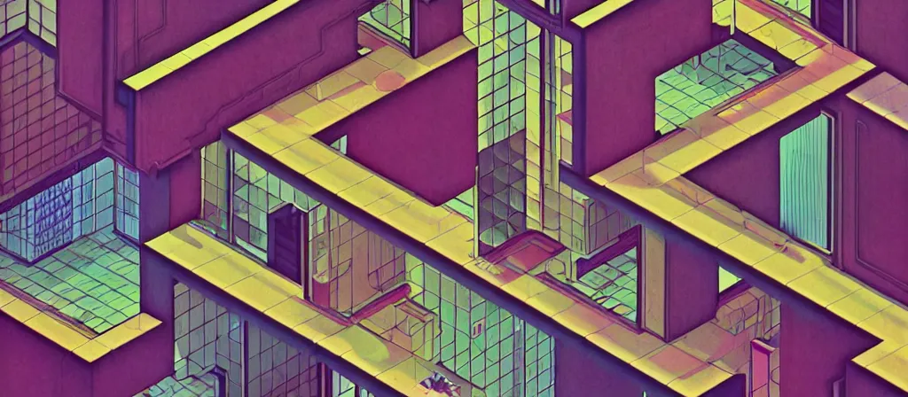 Image similar to huge gargantuan angular dimension of the backrooms indoor 7 0 s moquette scenario. surrealism, mallsoft, vaporwave, trending on artstation, shot from above, axonometric camera perspectic, epic scale by escher