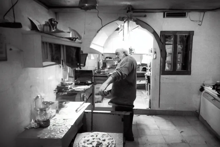 Prompt: an old italian man making pizza in skyrim, fisheye lens