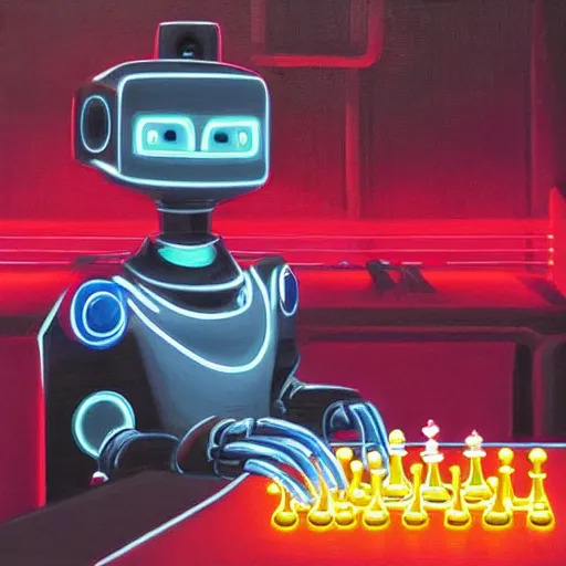 Prompt: a very smart robot playing neon chess sitting at a table, cyberpunk, oil painting