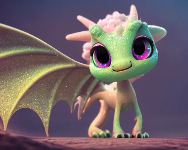 Image similar to character design of a cute dragon, big eyes, soft scale texture, pastel colours, shiny glitter crystals, cc ute, adorable, pixar animation style, detailed, soft light, octane render, 4 k,