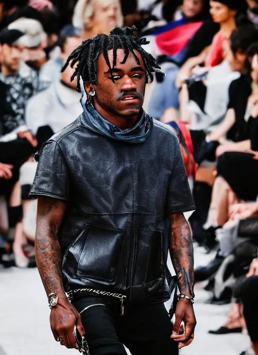 Image similar to hyperrealistic and heavy detailed balenciaga runway show of lil uzi vert, leica sl 2 5 0 mm, vivid color, high quality, high textured, real life