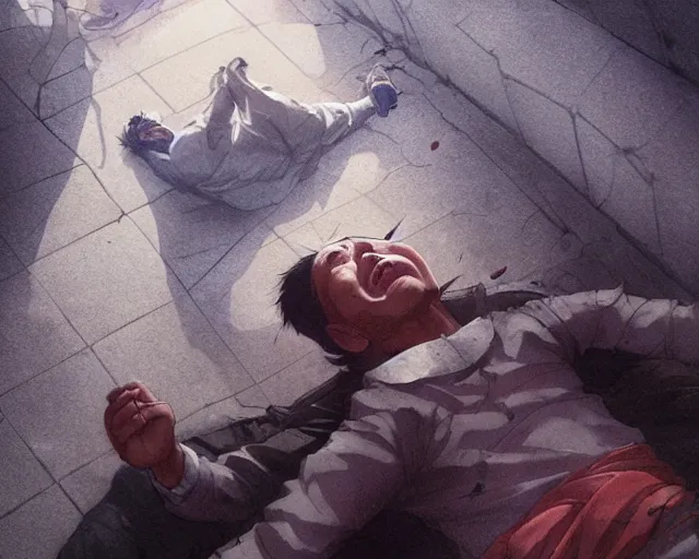 Image similar to a 50 year old brunnete chinese man lying on the floor and crying, horror scene, dramatic, shot from the top, anime art, Greg Rutkowski, studio ghibli, dramatic lighting