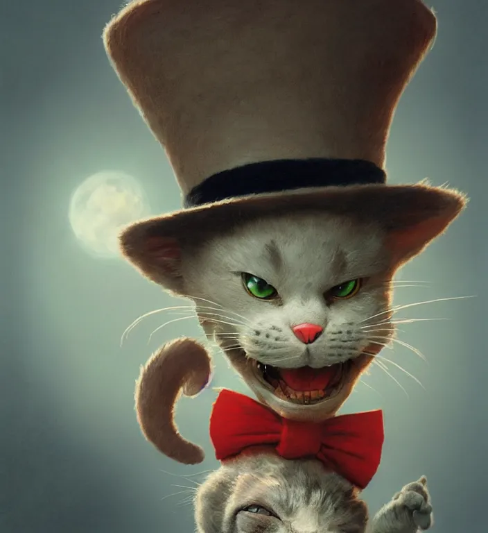 Prompt: complex 3 d render, hyper detailed, ultra sharp, of the cat in the hat, scary, funny, cinematic, natural soft light, rim light, art by greg rutkowski and craig mullins and moebius, dr seuss