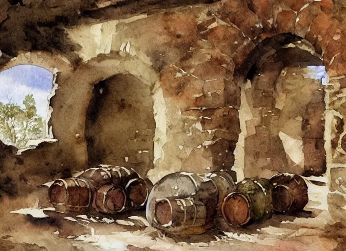 Prompt: watercolor painting of rustic wine cellar, ruins, wooden crates and barrels, stone walls, lantern, very beautiful ambient lighting, sun rays, dust, art by anders zorn, watercolor splashes, paint props, dripping, sloppa art paint, aquarelle
