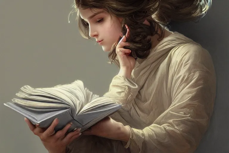 Prompt: a girl reading a book, fibonacci, detailed hands, detailed fingers, insane, intricate, highly detailed, digital painting, artstation, concept art, smooth, sharp focus, illustration, unreal engine 5, 8 k, art by artgerm and greg rutkowski and alphonse mucha