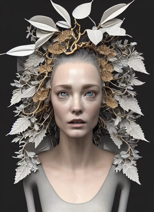 Prompt: complex 3d render ultra detailed of a beautiful porcelain profile woman face, beautiful eyes, mechanical vegetal cyborg, 150 mm, beautiful studio soft light, spot light, rim light, Alexander Mcqueen haute couture, luxurious, silver gold red filigran details, fine foliage lace, magnolia big filigran leaves and stems, roots, mesh wire, intricate details, hyperrealistic, mandelbrot fractal, anatomical, silver metal armor, facial muscles, cable wires, microchip, elegant, white background, beautiful white teeth, octane render, H.R. Giger style, 8k