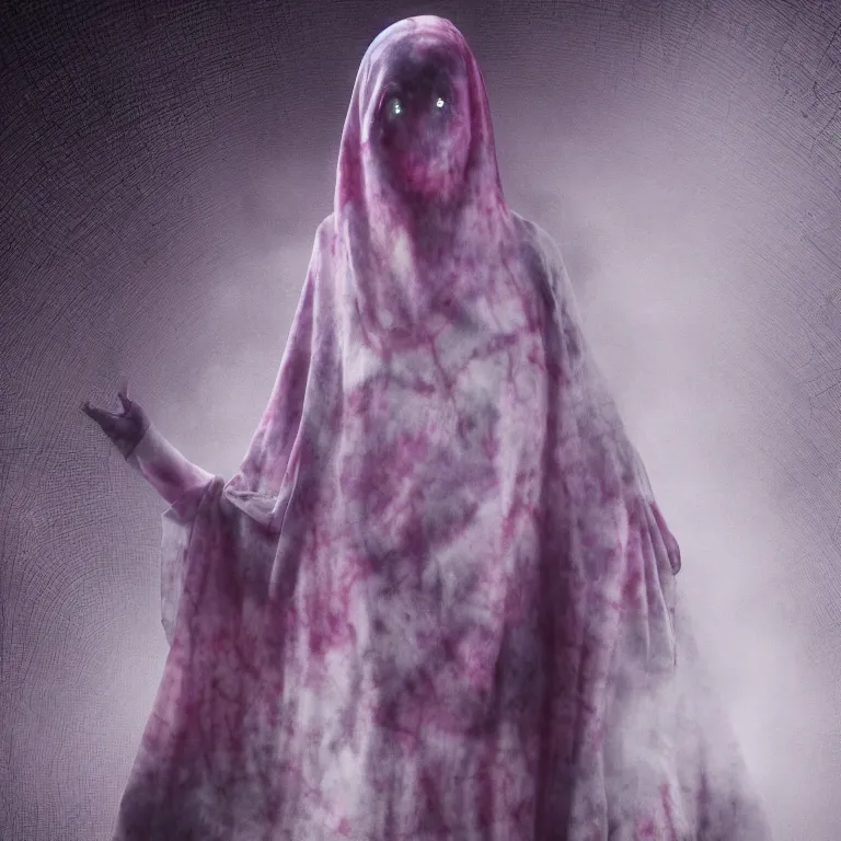 Prompt: octane render portrait by wayne barlow and carlo crivelli and glenn fabry, a woman wearing a skintight tie - dye bedsheet ghost costume, backlit, dramatic lighting, fog and mist, inside a futuristic nightclub, cinema 4 d, ray traced lighting, very short depth of field, bokeh