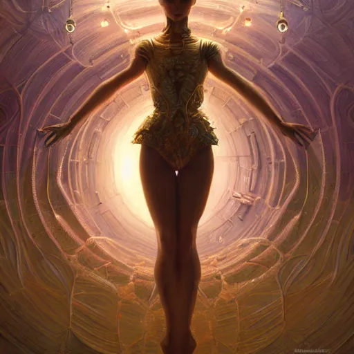 Image similar to hyperdetailed robotic ballerina with blue human eyes, human eyes, symetry, golden ratio, intricate, detailed, volumetric lighting, scenery, digital painting, highly detailed, artstation, sharp focus, illustration, artstation, art by artgerm and greg rutkowski and alphonse mucha