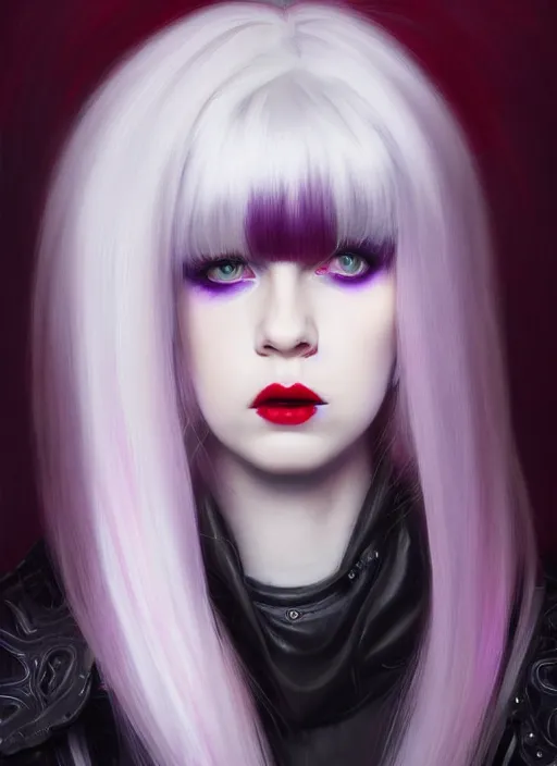 Image similar to portrait of white teenage girl, normal face, black bangs, mall goth, cyberlox, black and white hair, bangs, fluffy bangs, red contacts, purple lipstick, intricate, elegant, highly detailed, digital painting, artstation, concept art, sharp focus, smooth, illustration, art by wlop, mars ravelo and greg rutkowski