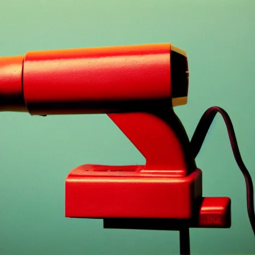 Prompt: vintage analog product photography of a laser gun, 70s design, , bright red, studio lighting, film grain, lensflare, color bleed, glare