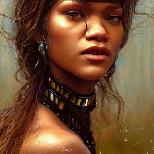 Prompt: zendaya as a realistic fantasy character, closeup portrait art by donato giancola and greg rutkowski, realistic face, digital art, trending on artstation, symmetry!!