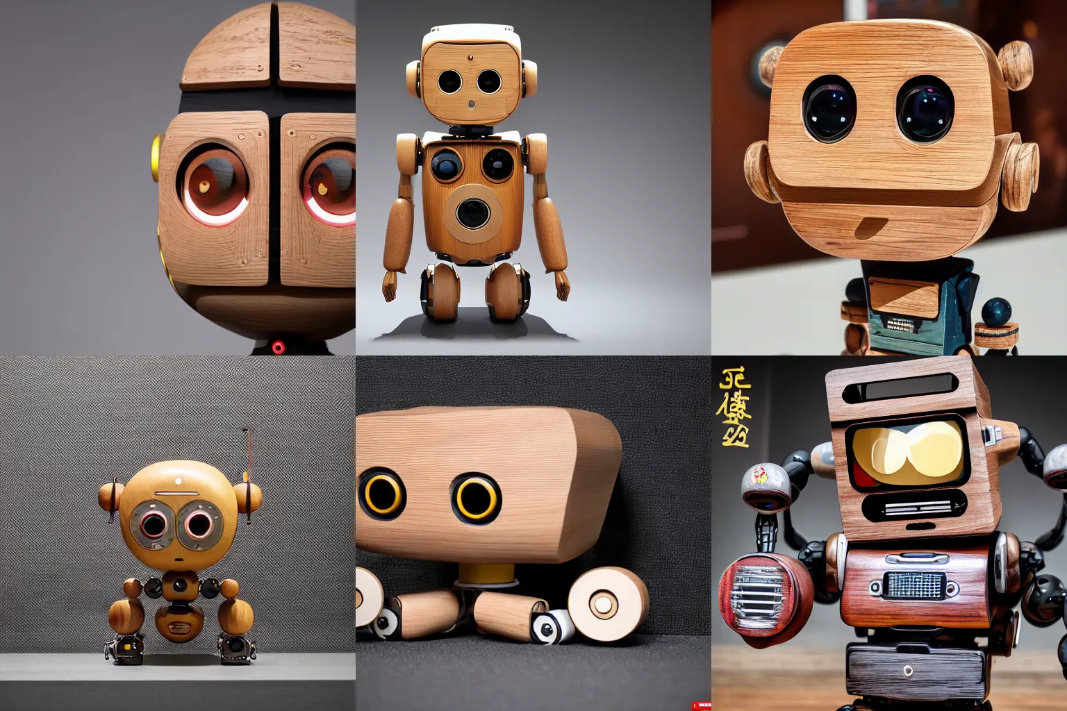 Prompt: ultra realistic 8k octan photo wooden art toyz on piedestal cute robot zen on a contemporary art gallery Michael Lau