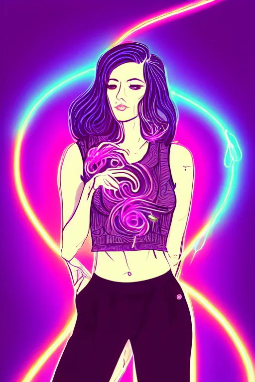 Image similar to a award winning half body portrait of a beautiful woman in a croptop and cargo pants with ombre purple pink teal hairstyle surrounded by whirling illuminated lines, outrun, vaporware, shaded flat illustration, digital art, trending on artstation, highly detailed, fine detail, intricate