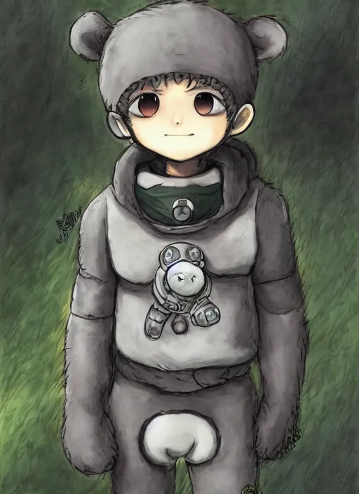 Image similar to beautiful little boy wearing an cyborg bear suit, artwork in kentaro miura and made in abyss and rosdraws, smooth, beautiful lightness, anatomically correct, trending on pixiv, forest