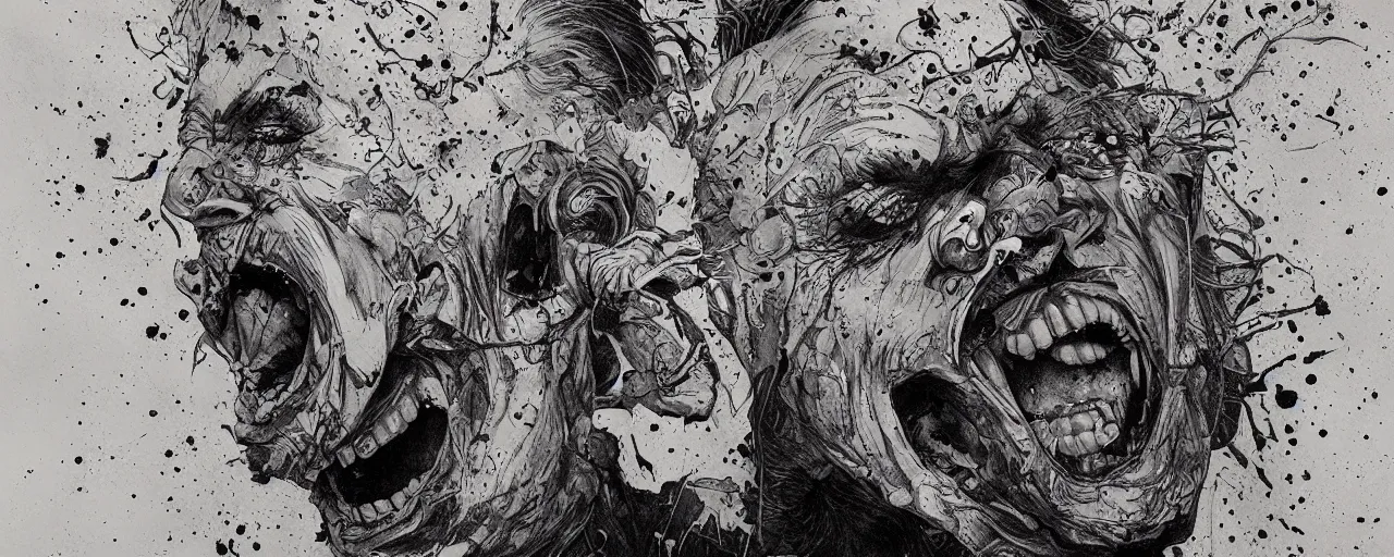 Prompt: portrait of a mad man screaming with ink bursting from the eyes, by josan gonzales, max prentis, santiago caruso